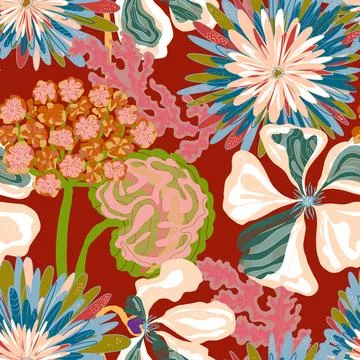Stylized seamless pattern with tropical flowers and leaves. Rich texture and  Illustration