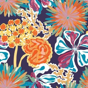 Stylized seamless pattern with tropical flowers and leaves. Rich texture and  Illustration