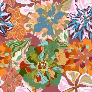 Stylized seamless pattern with tropical flowers and leaves. Rich texture and  Stock Illustration