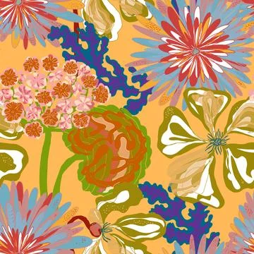 Stylized seamless pattern with tropical flowers and leaves. Rich texture and  Illustration