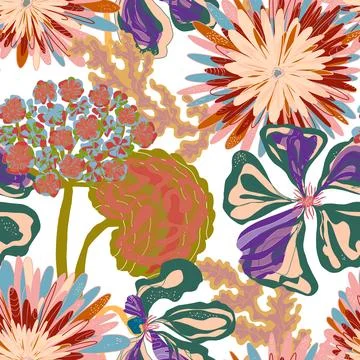Stylized seamless pattern with tropical flowers and leaves. Rich texture and  Stockillustratie