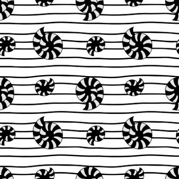Stylized seashells on striped background, hand drawn vector seamless pattern. Illustrazione stock