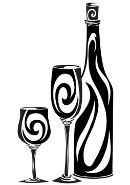 Stylized set of two glasses and bottles in black, isolated object on a white Stock Illustration