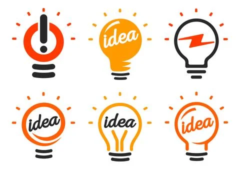 Stylized set of vector lightbulbs, collection colorful logotypes. New idea Stock Illustration