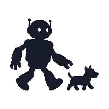 A stylized silhouette of a friendly robot walking its small dog companion t.. Stock Illustration