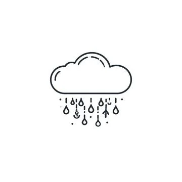 Stylized single cloud releasing raindrops creating a minimalist depiction o.. Ilustración de archivo