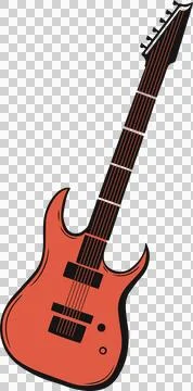 Stylized six-string electric guitar is floating on transparent background in Illustrazione stock