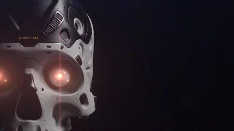 Stylized skull of a man of the future. with a bright red ray effect from the  Stock Footage 237749737