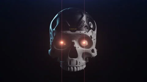Stylized skull of a man of the future. with a bright red ray effect from the  Stock Footage 237749777