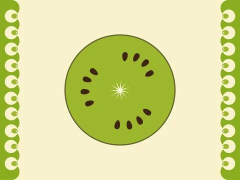 Stylized slice of kiwi fruit with decorative borders on a cream background Stock Illustration