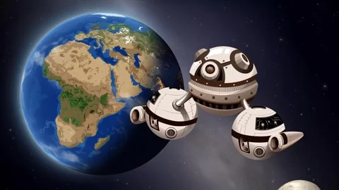 Stylized Space Station Orbiting Planet Earth with Moon in Background Stock Footage 344833105