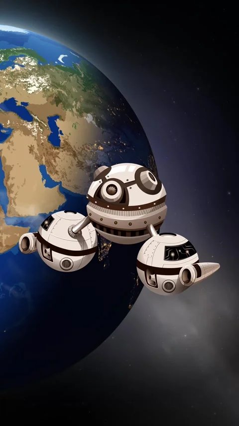 Stylized Spacecraft Floating in Orbit Above Rotating Planet Earth Stock Footage 344714486