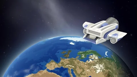 Stylized Spaceship Orbiting Earth with Moon in Background Animation Stock Footage 344717728