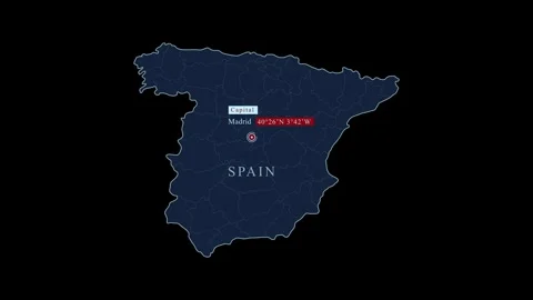 Stylized spain map with madrid city and coordinates, Stock Footage 284464380