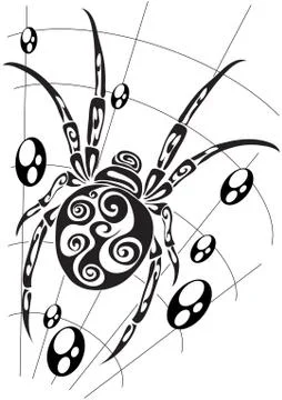 Stylized spider sits on its web and on it lie stylized water droplets, logo, Stock Illustration
