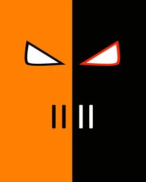 Stylized split face mask illustration with orange and black halves and geom.. Stock Illustration