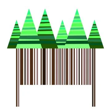Stylized striped coniferous trees over brown barcode making trunks Stock Illustration