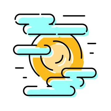 Stylized sun with clouds and wind lines Stock Illustration