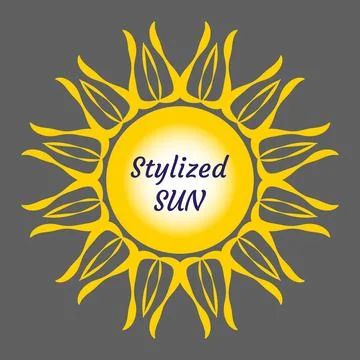 Stylized sun logo. Beautiful vector design yellow sun on grey. Bright sun rays Stockillustratie