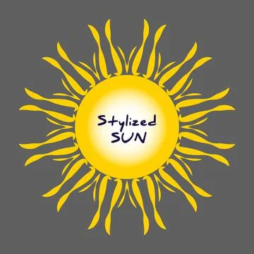 Stylized sun logo. Beautiful vector design yellow sun on grey. Bright sun rays Stock Illustration