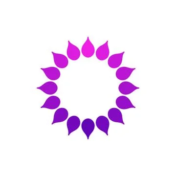 Stylized sun logo. Round icon of sun, flower. Isolated pink purple logo on wh Stock Illustration