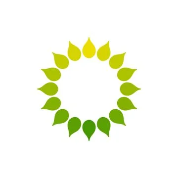 Stylized sun logo. Round icon of sun, flower. Isolated yellow green logo on w Stock Illustration