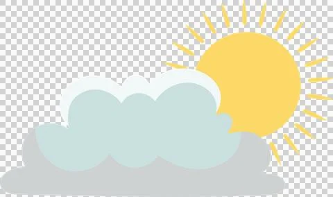 Stylized sun is partially hiding behind cloud in flat style, with yellow rays on Illustrazione stock