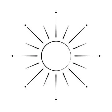 Stylized sun with radiating lines and dots, black line celestial symbol for.. Stock Illustration