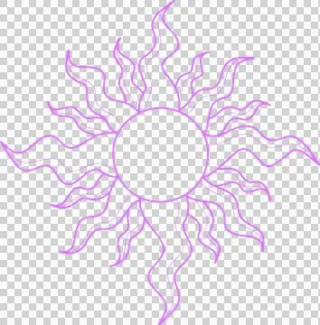 Stylized sun is radiating wavy rays in flat design with purple outline on Illustrazione stock
