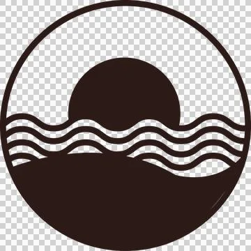 Stylized sun is rising over ocean waves in circle flat emblem, featuring Stock Illustration