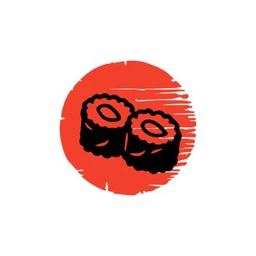 Stylized sushi rolls set red japan flag. Japanese flag design traditional food Stock Illustration