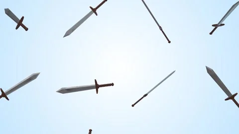 Stylized Swords Falling on a Light Blue Background. 3D Sword with Wooden Handle. Stock Footage 296378278