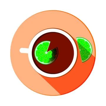 Stylized tea cup vector icon with lemon slices with long shadow, top view Stock Illustration