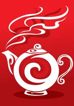 Stylized tea pot in white on a red background, vector illustration, Illustrazione stock