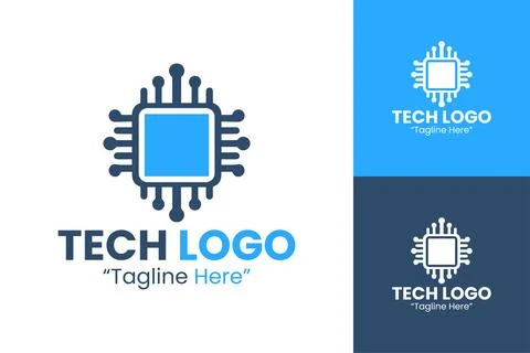Stylized Tech Logo with Square Circuit Chip and Digital Design Stock Illustration