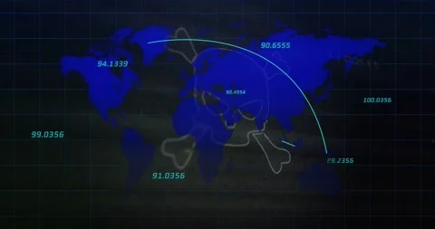 Stylized tech world map displaying numeric readouts while cyan arc initiating Stock Footage 331166048