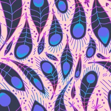 Stylized textured peacock feathers background. seamless pattern in bright col 스톡 일러스트