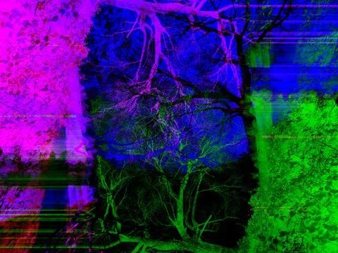 Stylized, three-dimensional 3D landscape with tree branches with post-process 库存插图