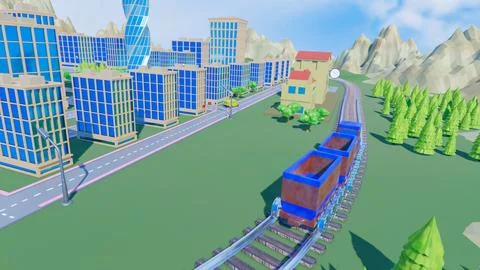 Stylized three-dimensional city with train cars. 3d render illustration Stock Illustration