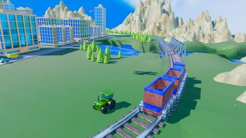 Stylized three-dimensional city with train cars. 3d render illustration Stock Illustration