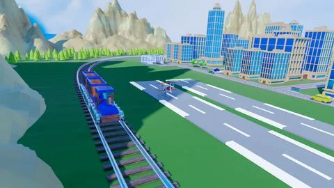 Stylized three-dimensional city with train cars. 3d render illustration Stock Illustration