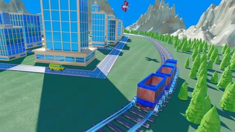 Stylized three-dimensional city with train cars. 3d render illustration Stockillustratie