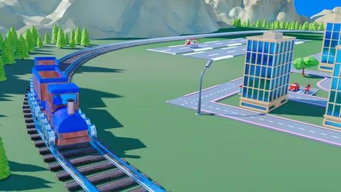 Stylized three-dimensional city with train cars. 3d render illustration Stock Illustration