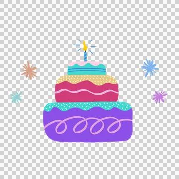 Stylized tiered cake is floating against transparent background, with colorful Stock Illustration