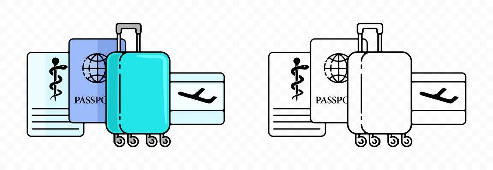 Stylized Travel Vector Rolling Suitcase Passport Ticket Medical Insurance Illustration