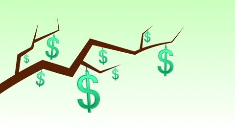 Stylized tree branch with dollar-sign symbols hanging animation Vídeos de archivo 333924459