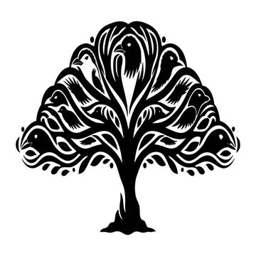 A stylized tree composed of bird shapes forming an intricate black silhouett Stock Illustration
