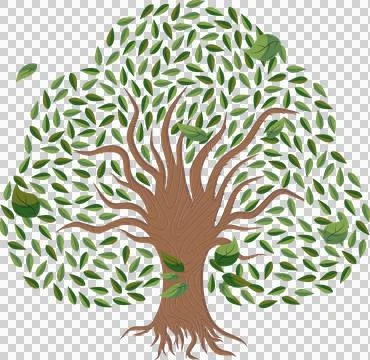 Stylized tree illustration is showing trunk with floating green leaves on Stockillustratie