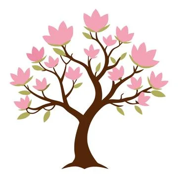Stylized tree with pink blossoms and green leaves Ilustración de archivo