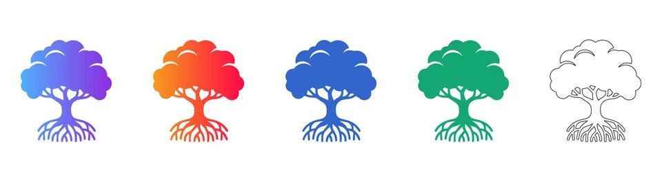 Stylized Tree with Roots Icon Set Stock Illustration